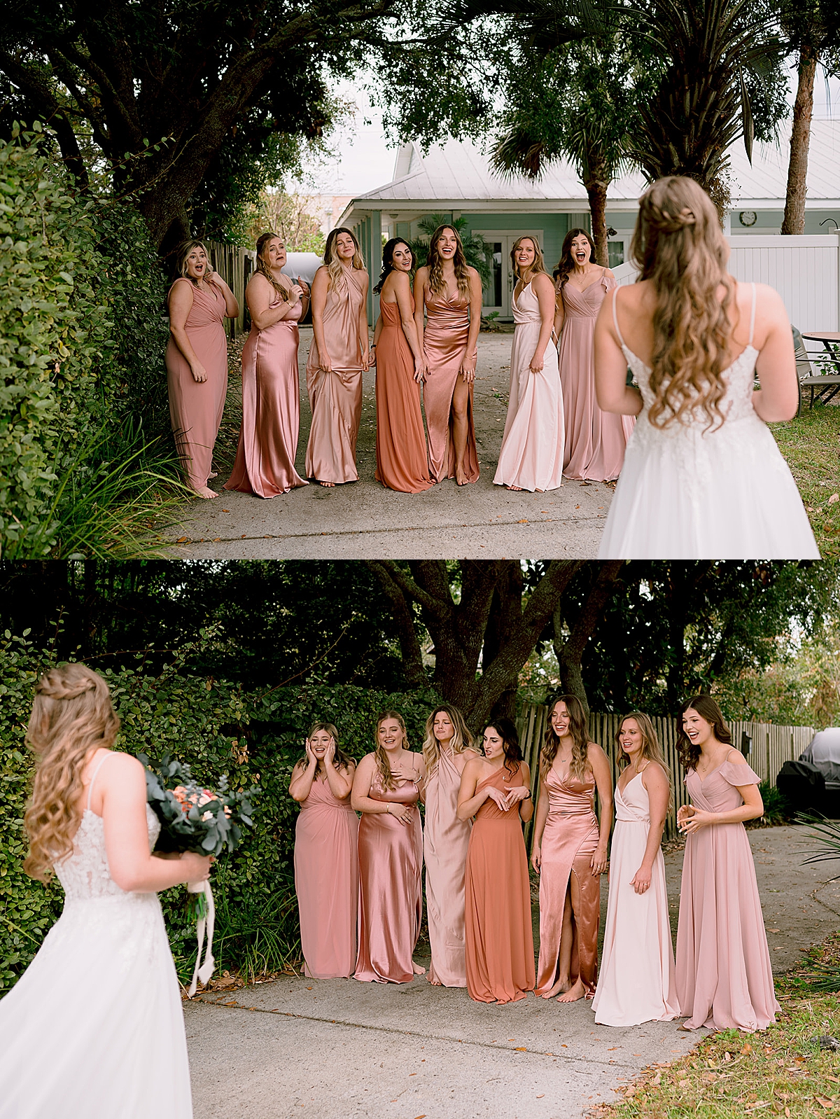 first look with bridesmaids and bride outside of airbnb by florida wedding photographer 