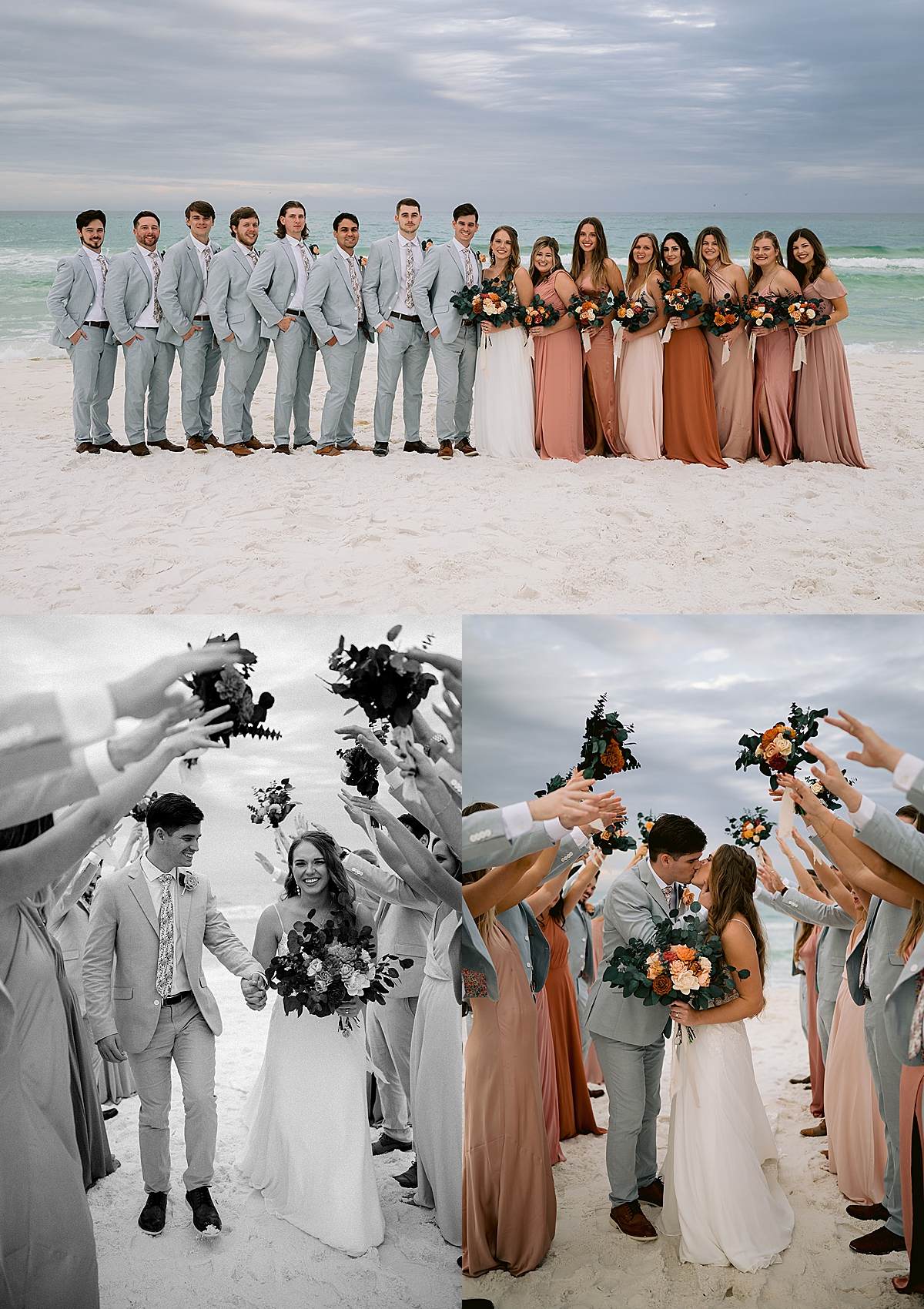 bridal party wearing different color blush pink dresses and holding flowers by Emily burns photo