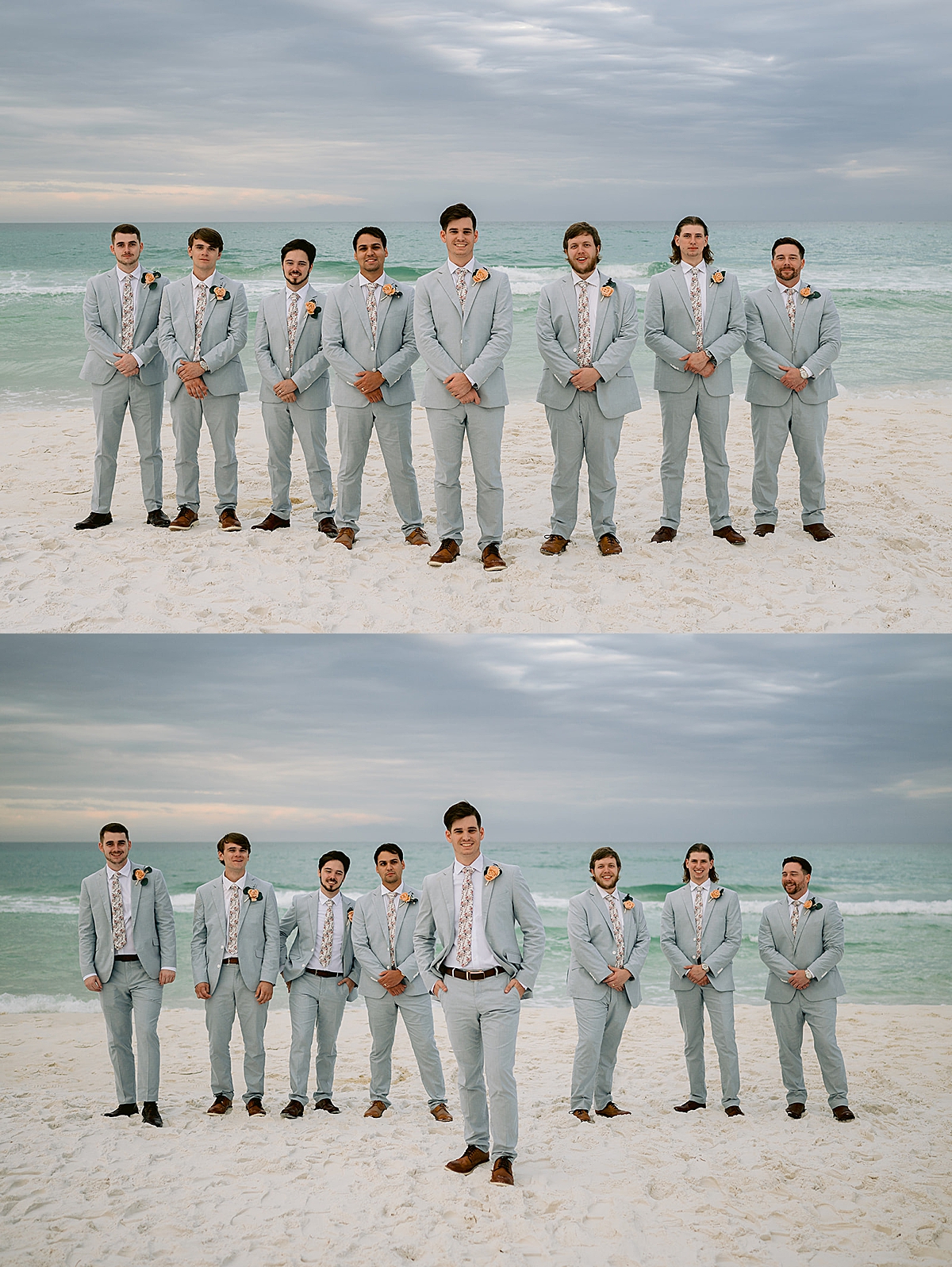 groom and groomsmen wearing light grey suits at Henderson Beach State park