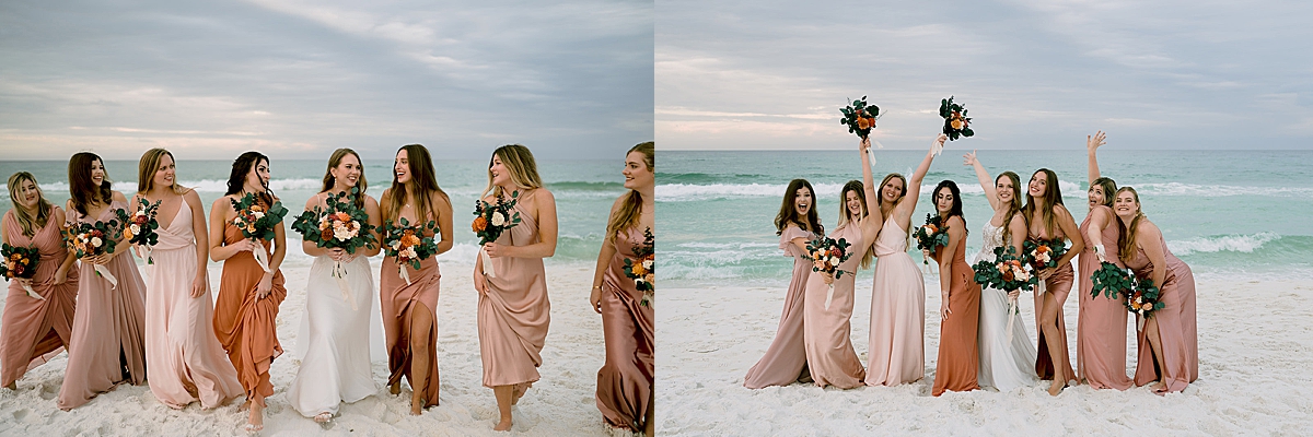 bride and bridesmaids holding bouquets on the beach by florida wedding photographer 