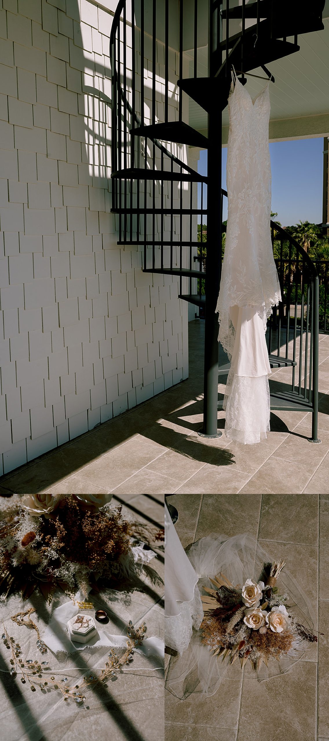 dress hung up on spiral steps at beach rental for 30A micro ceremony
