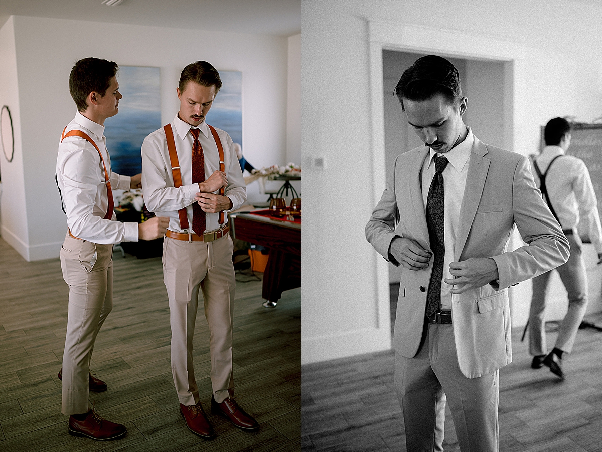 groom and best man finish getting ready in game room of beach rental by Emily burns photo