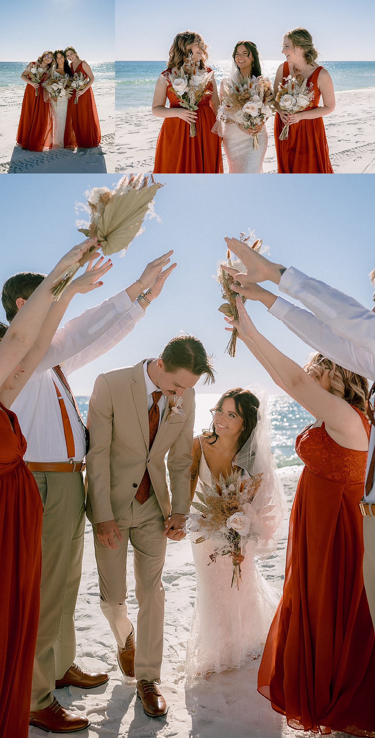 bridal party wearing red dresses on the beach by Emily burns photo