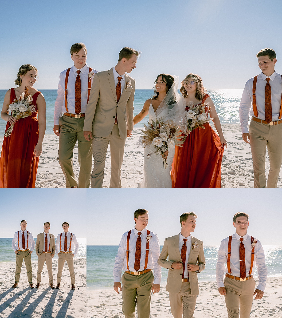 groom and groomsmen wearing tan suits with red accents for 30A micro ceremony