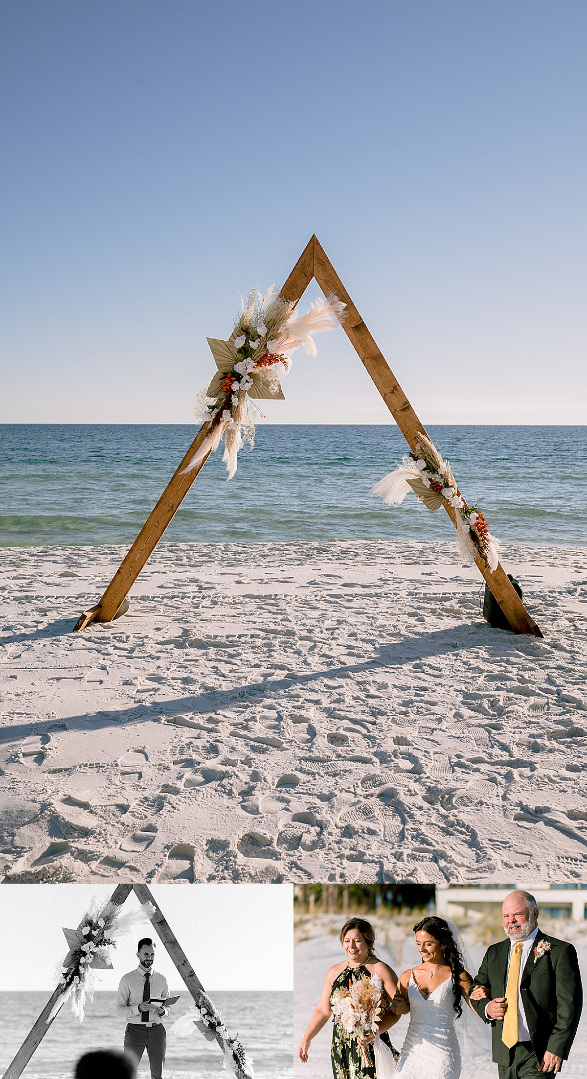 triangle arch on beach for midday ceremony by Florida wedding photographer 