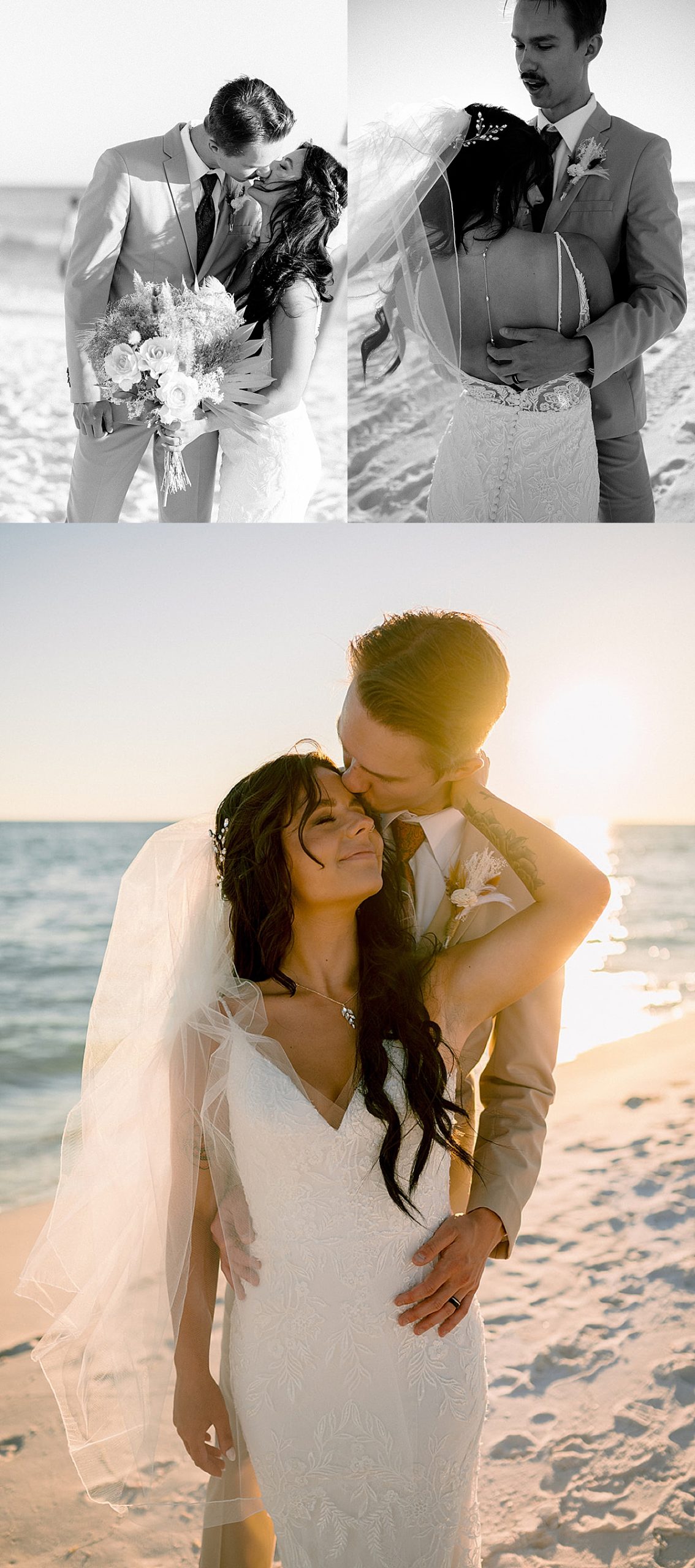 newly married couple on the beach at sunset by Emily burns photo