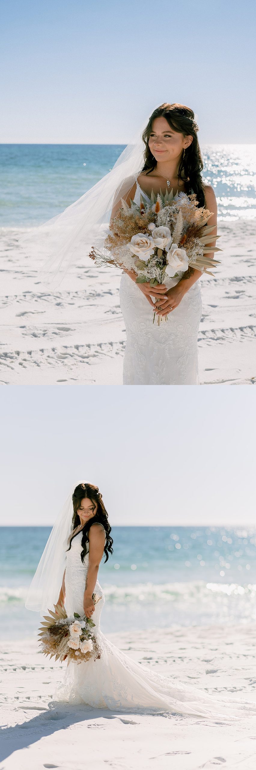 portrait of bride holding bouquet on the beach by Florida wedding photographer 