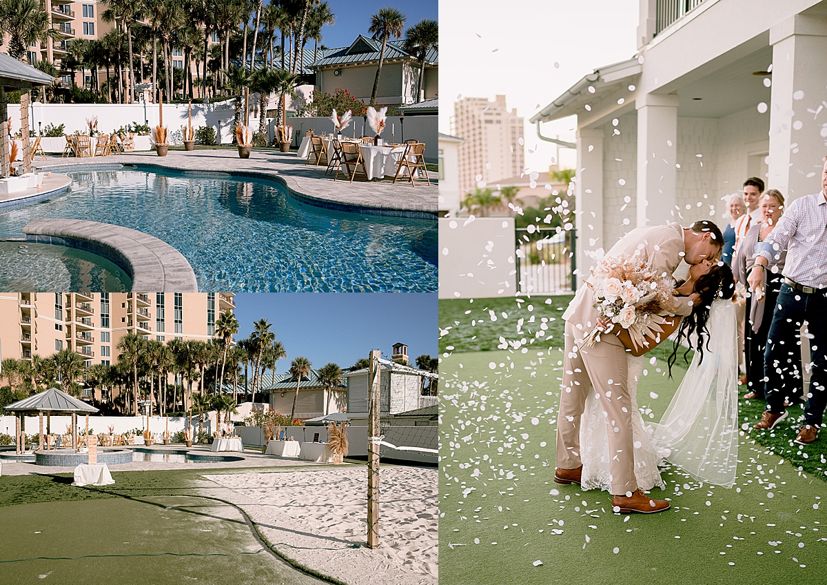 beach house reception grand entrance with flower petals thrown up for bride and groom by Florida wedding photographer 