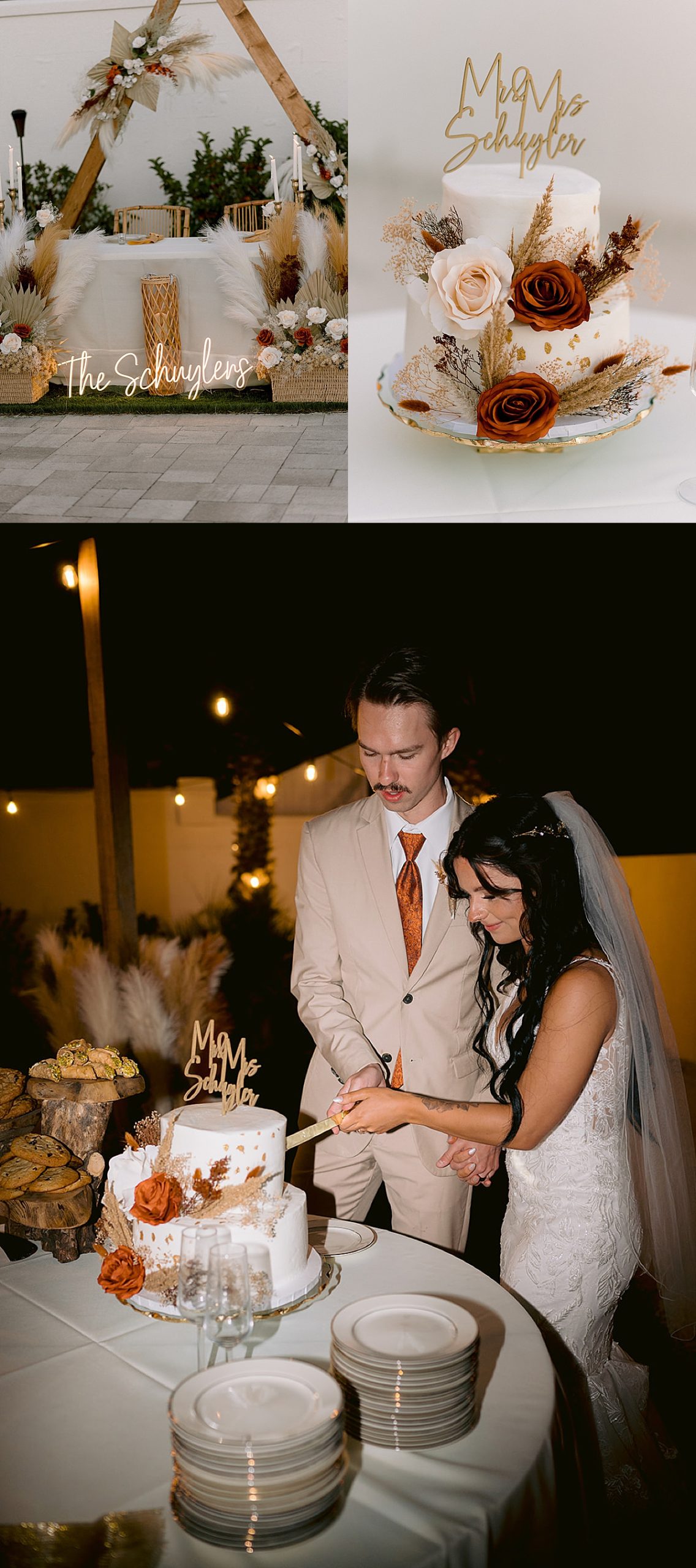 cake cutting with newly married couple at reception by Florida wedding photographer 