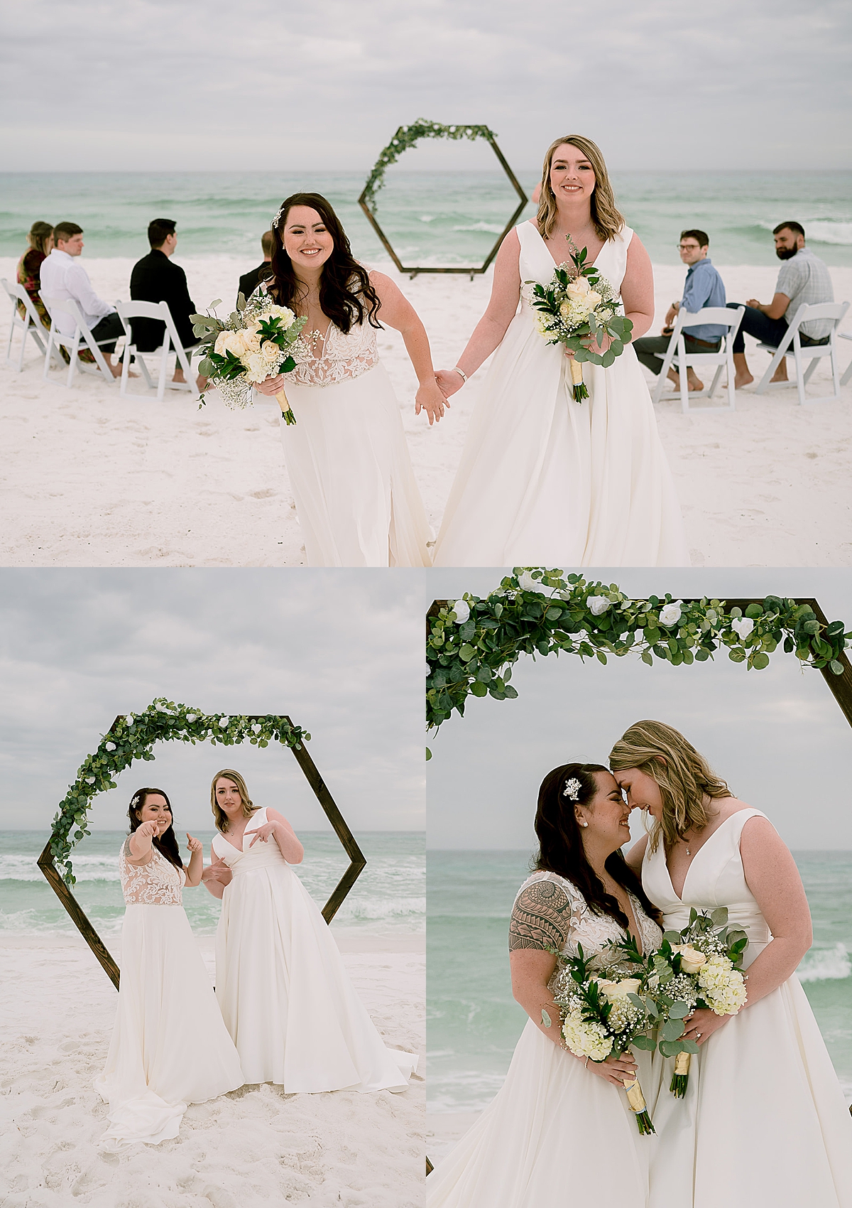 two women hold hands walking on the beach with flowers by Emily burns photo