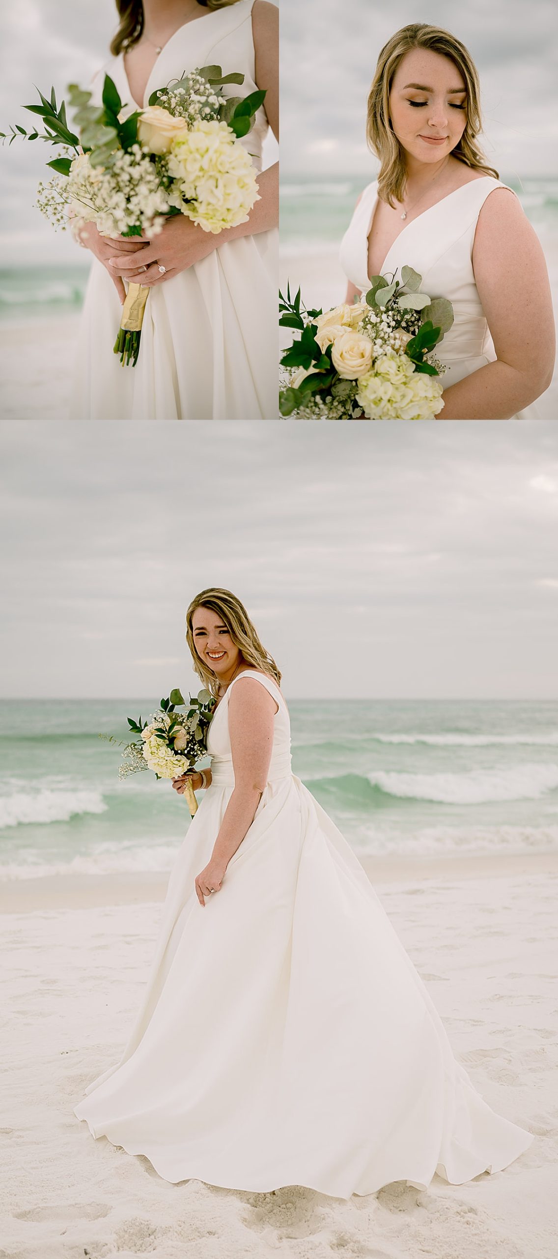 showing off diamond wedding ring on the beach by 30A elopement photographer 