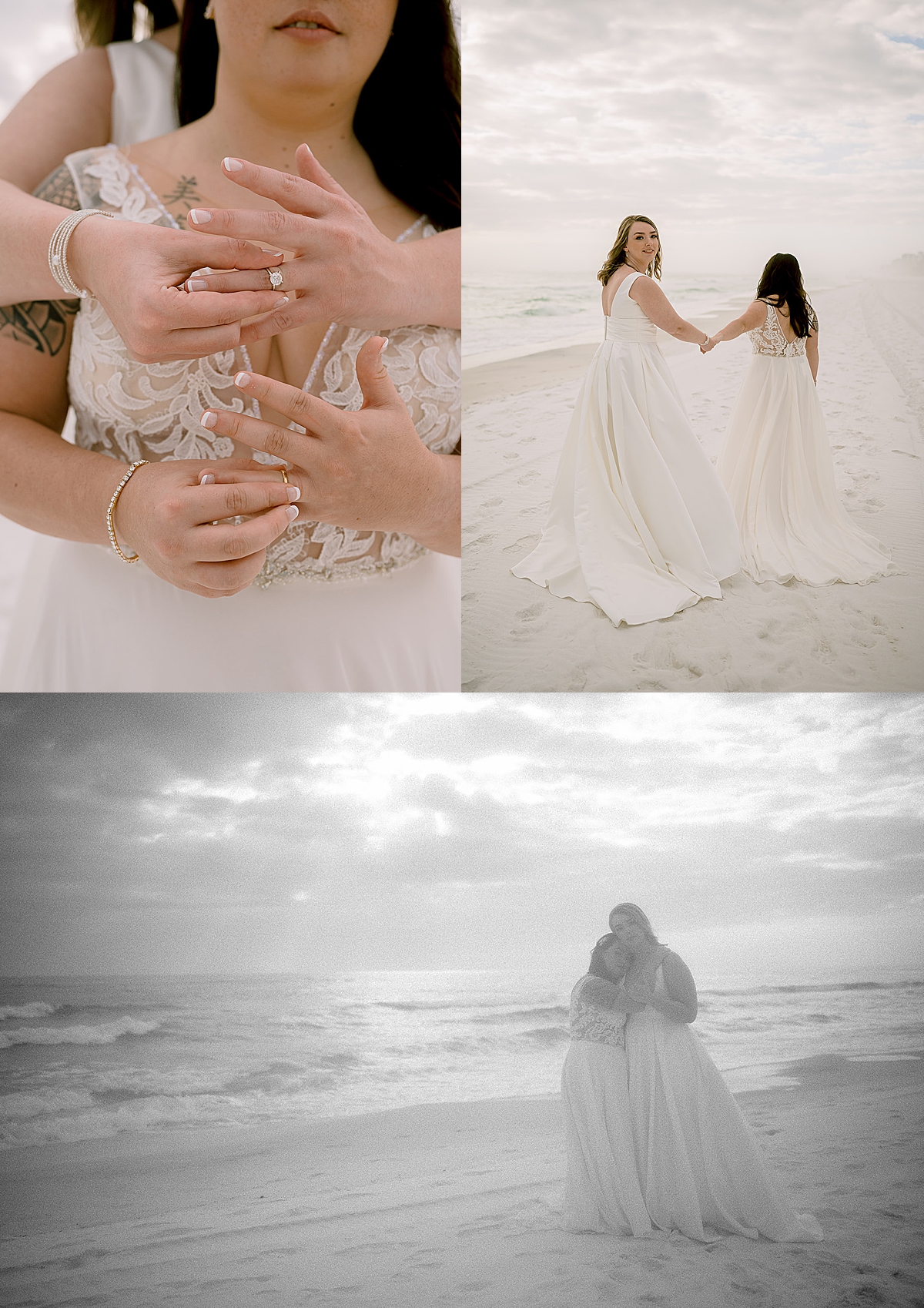 long white dresses and showing off wedding bands for intimate destination ceremony