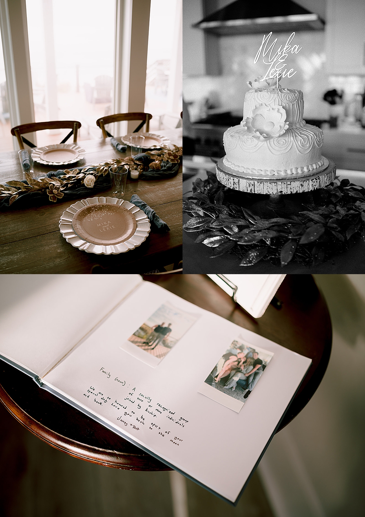 wedding cake and guest book at reception by Emily burns photo