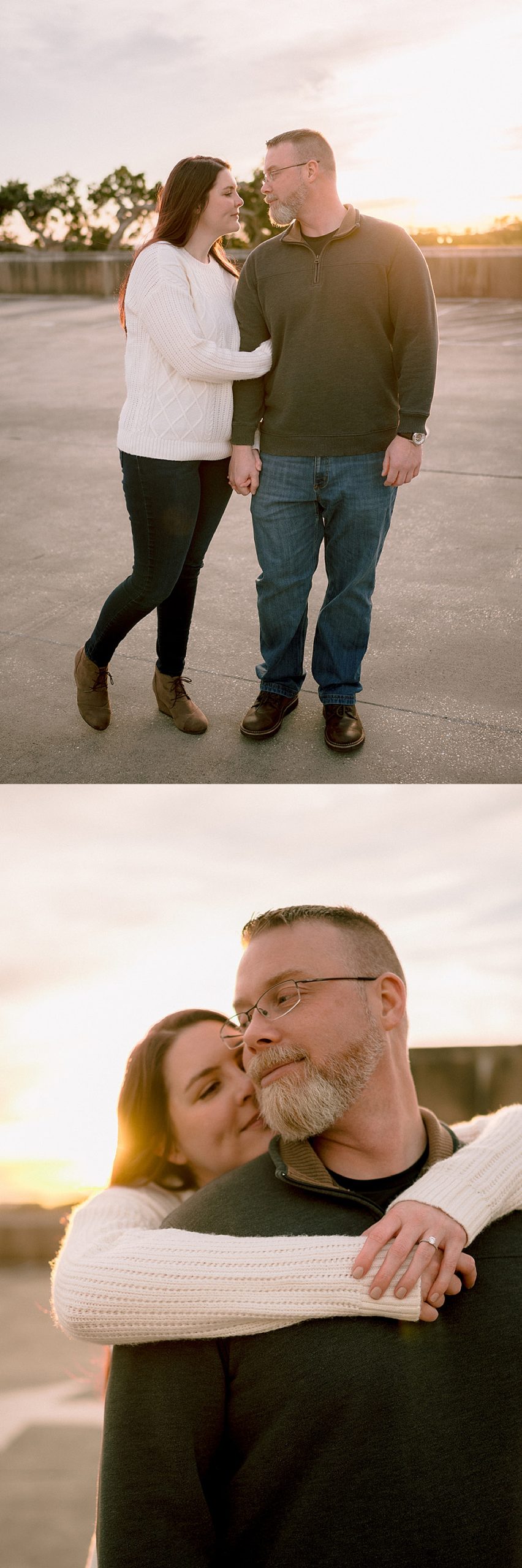 couple standing on the top of parking garage for Florida engagement photographer at sunset 