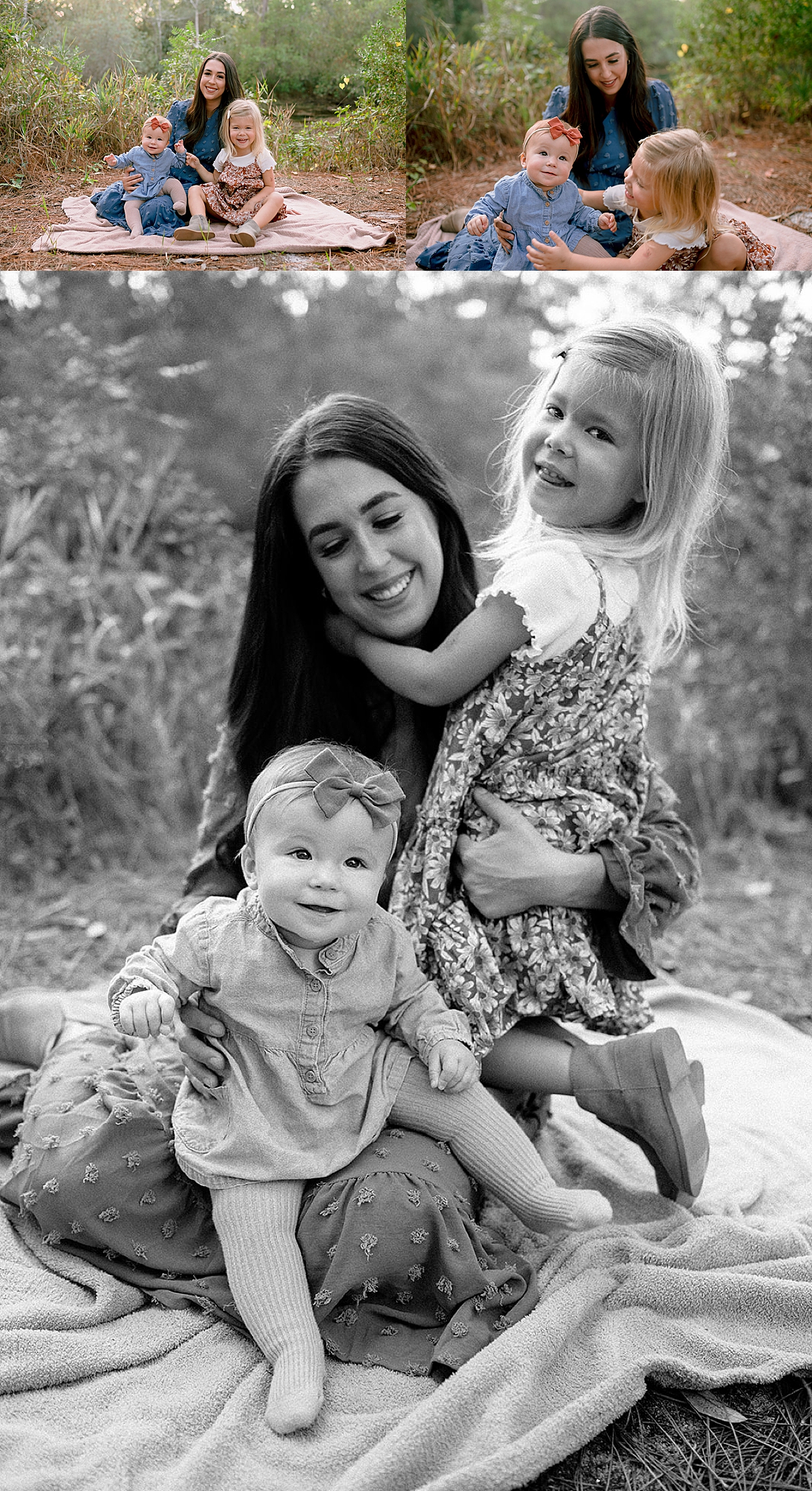 mom and two daughters sitting on blanket during pensacola family session 