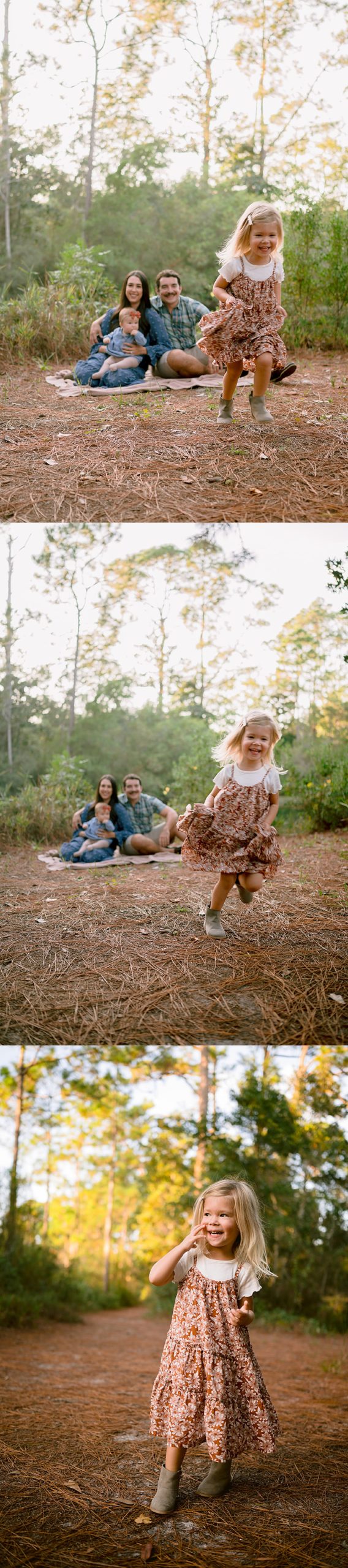 daughter running from parents sitting on blanket in the woods by florida photographer 