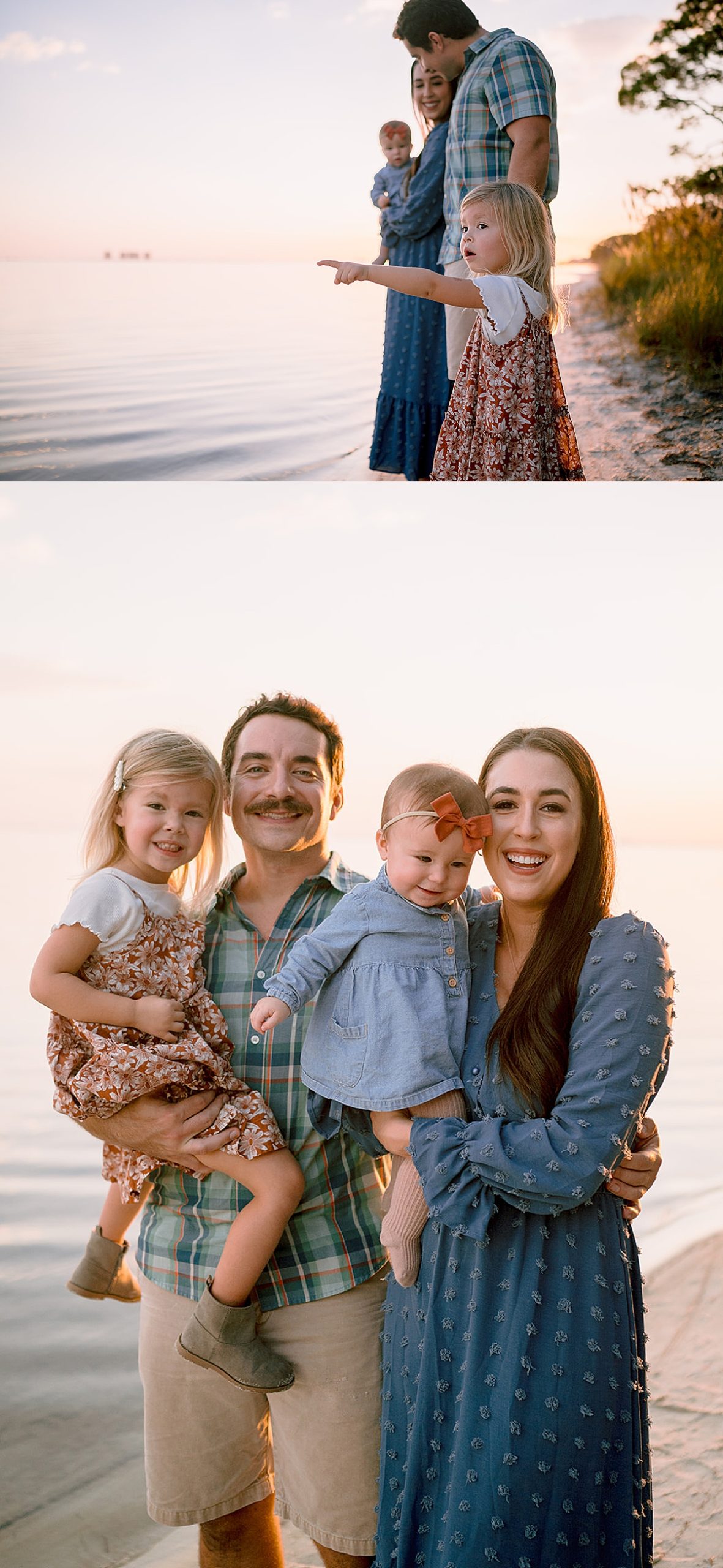family of four smiles for the camera on the beach by Emily burns photo