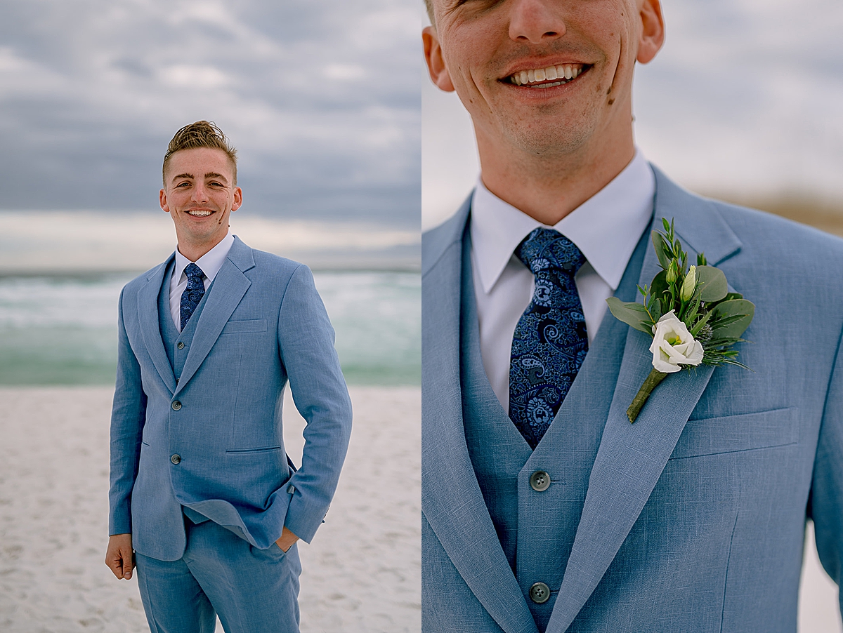 groom wearing light blue suit with a white rose boutonnière and greens by pensacola elopement photographer
