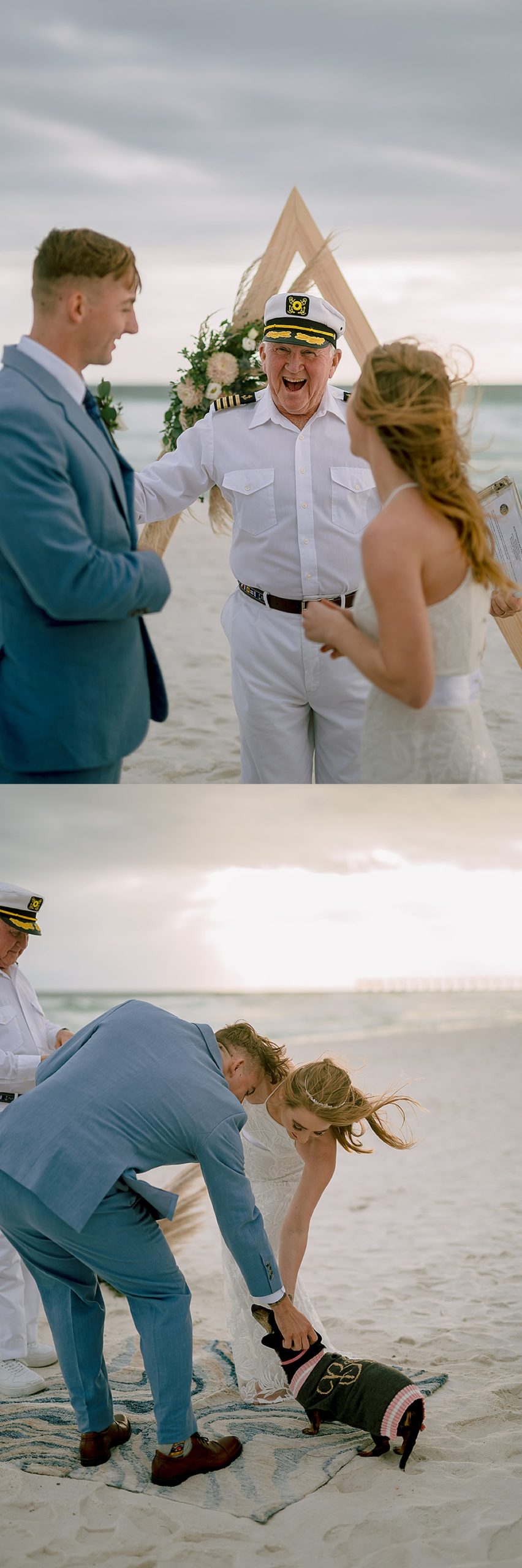 officiant celebrating and smiling with couple at beach by pensacola elopement photographer 