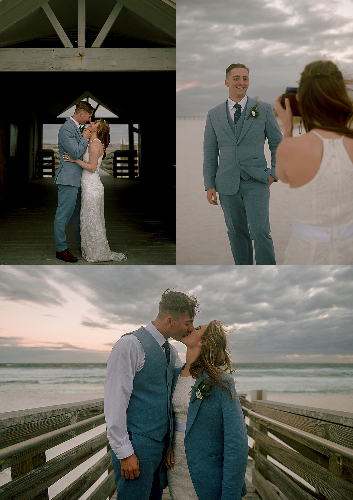 bride wearing grooms suit jacket on the piers at sunset by pensacola elopement photographer 